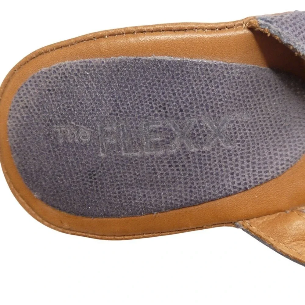 The FLEXX Wedge‎ Sandal Women 8.5 Blue Textured Leather Cork T-Strap Slingback